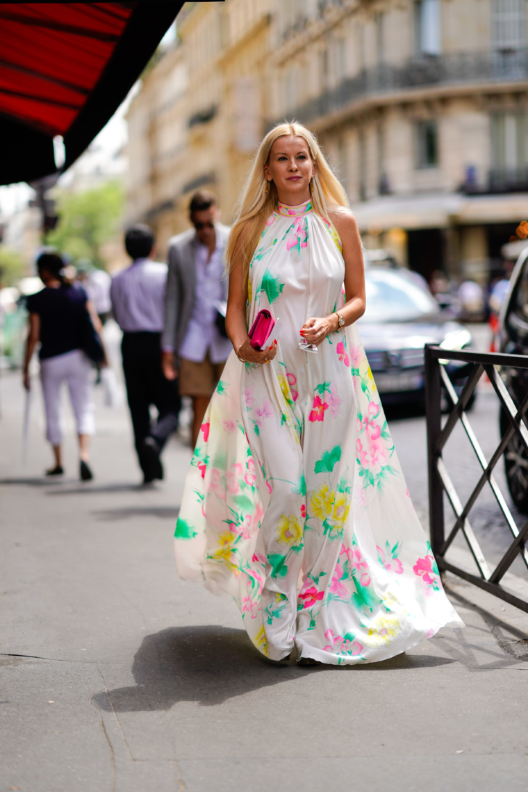 leonard paris silk dress in white with flower print paris fashion week streetstyle
