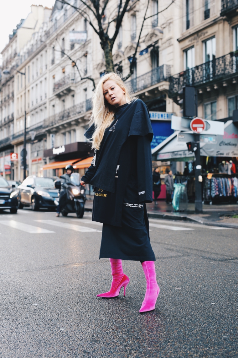 palina kozyrava wearing vetements dress & balenciaga high heels boots at paris fashion week streetstyle