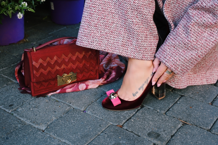 salvatore ferragamo bordeaux high heels & bag must have
