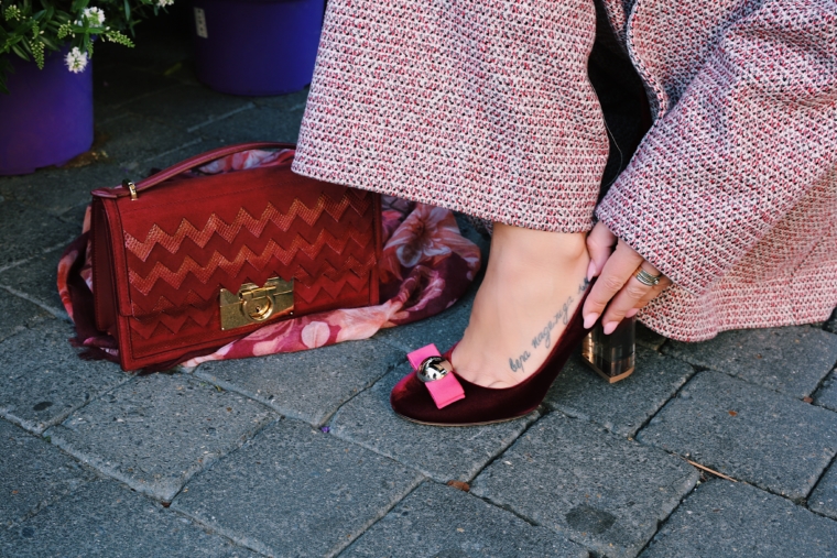 salvatore ferragamo bordeaux high heels & bag must have