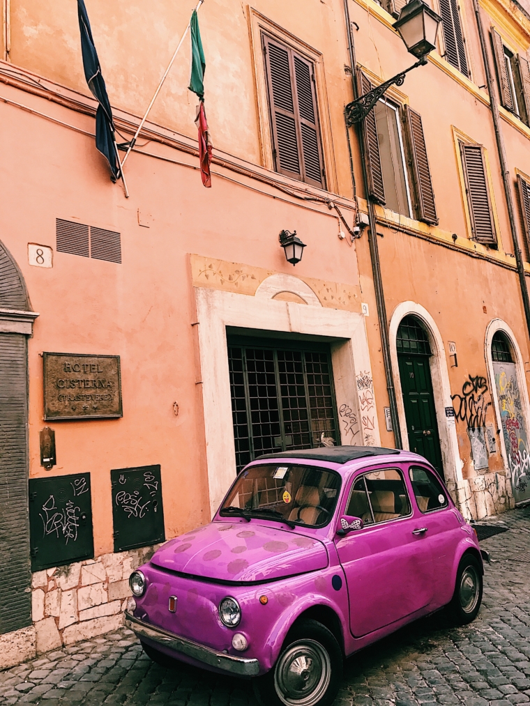 fiat 500 vintage old timer car purple pink rome italy