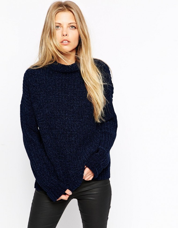 ASOS Jumper With High Neck In Chenille - Navy blue blau pullover