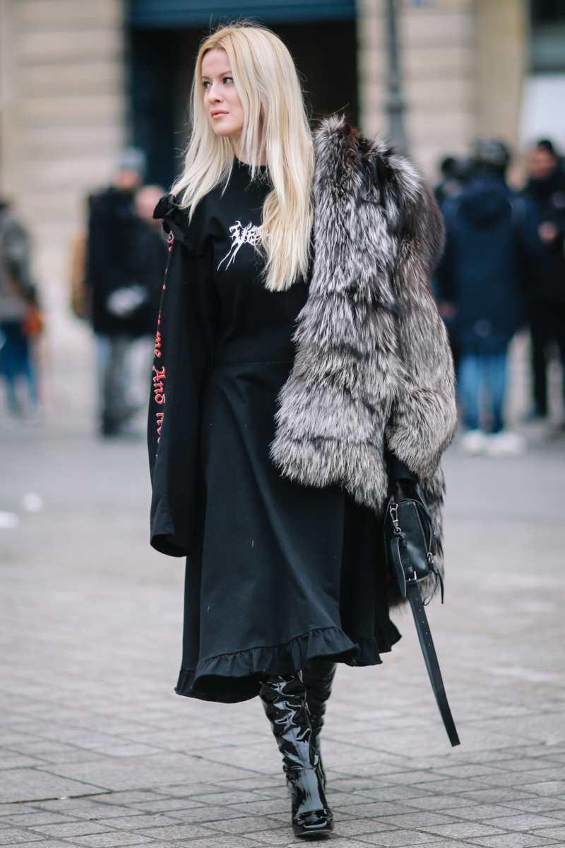 vetements dress fur coat paris fashion week streetstyle