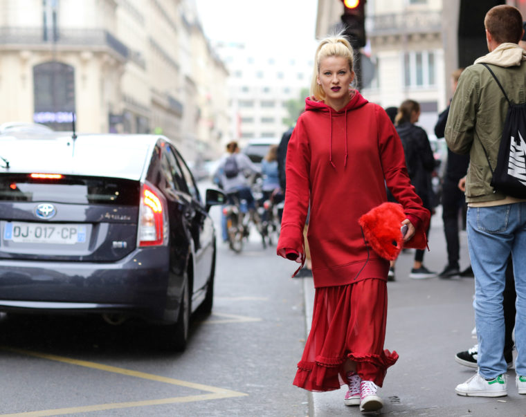 red mm6 by margiela sweater dress before vetements show streetstyle 