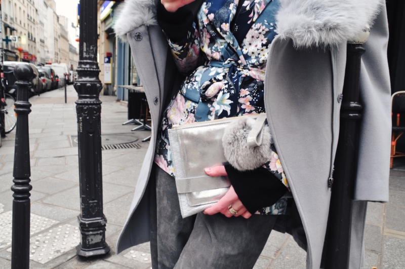 details, silver leather clutch with fur accessory 
