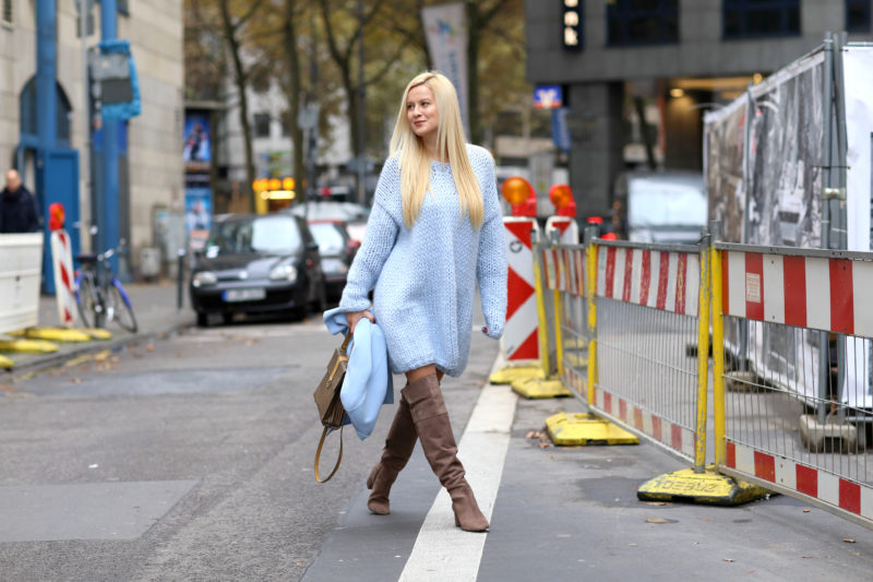 blue oversize sweater, brown overknee boots, street