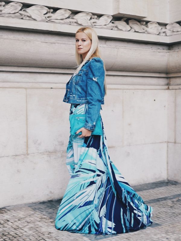 leonard paris flower print dress in blue with denim jacket paris streetstyle