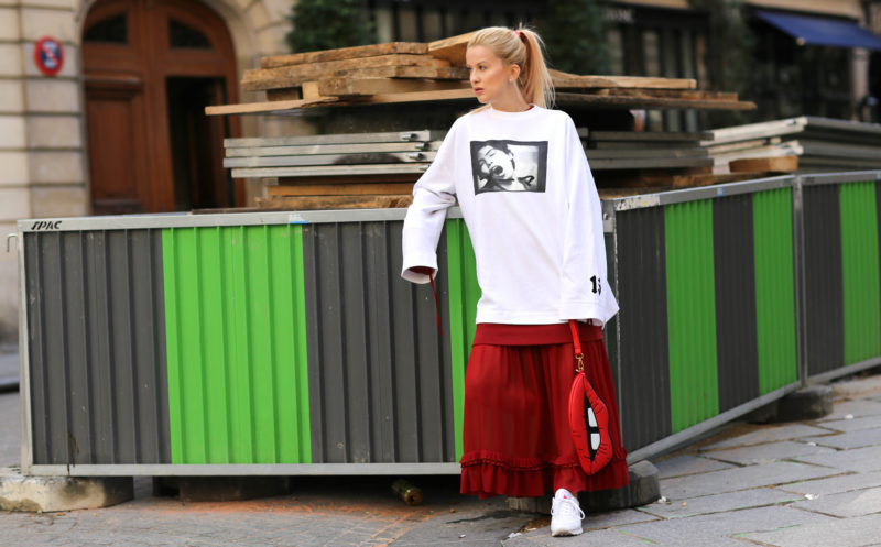 fenty puma rihanna, white xxl sweatshirt, red mm6 maxi dress, sneaker
