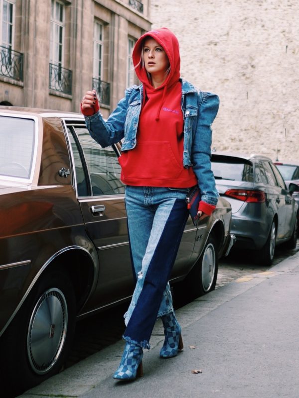 total jeans denim look with red vetements hoodie