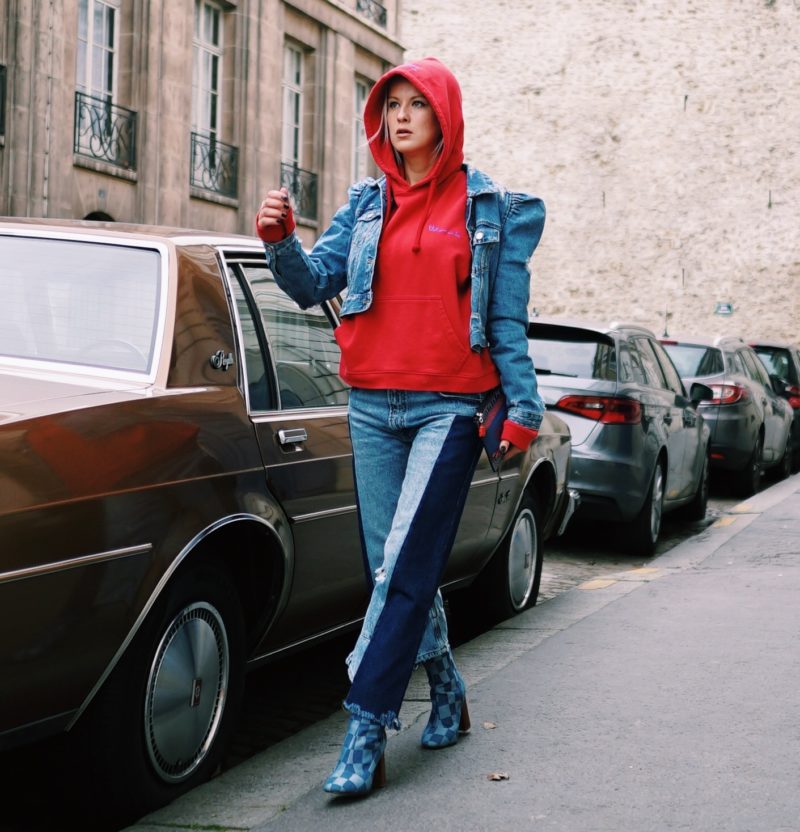 total jeans denim look with red vetements hoodie