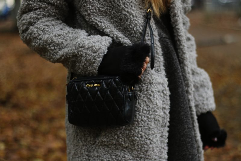 mini miu miu cross over bag, grey coat