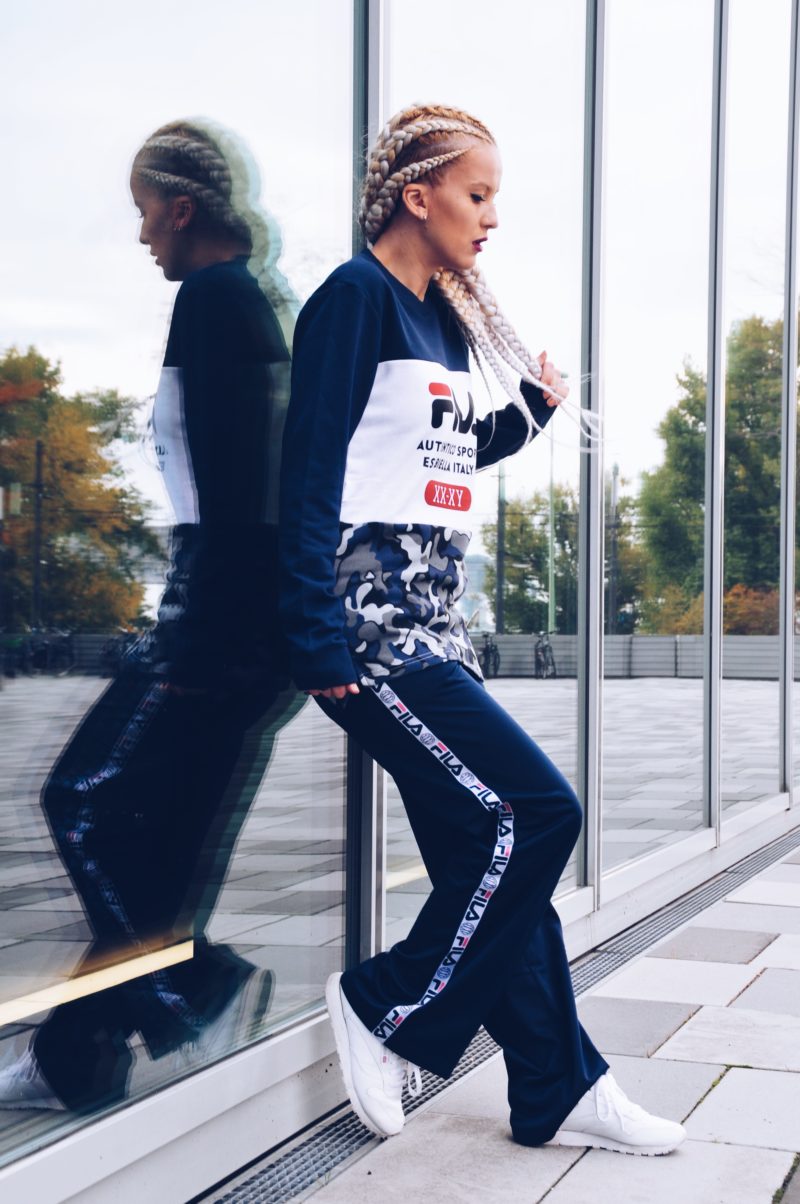 fila, limited edition, urban collection, retro style, blue pants, sweater