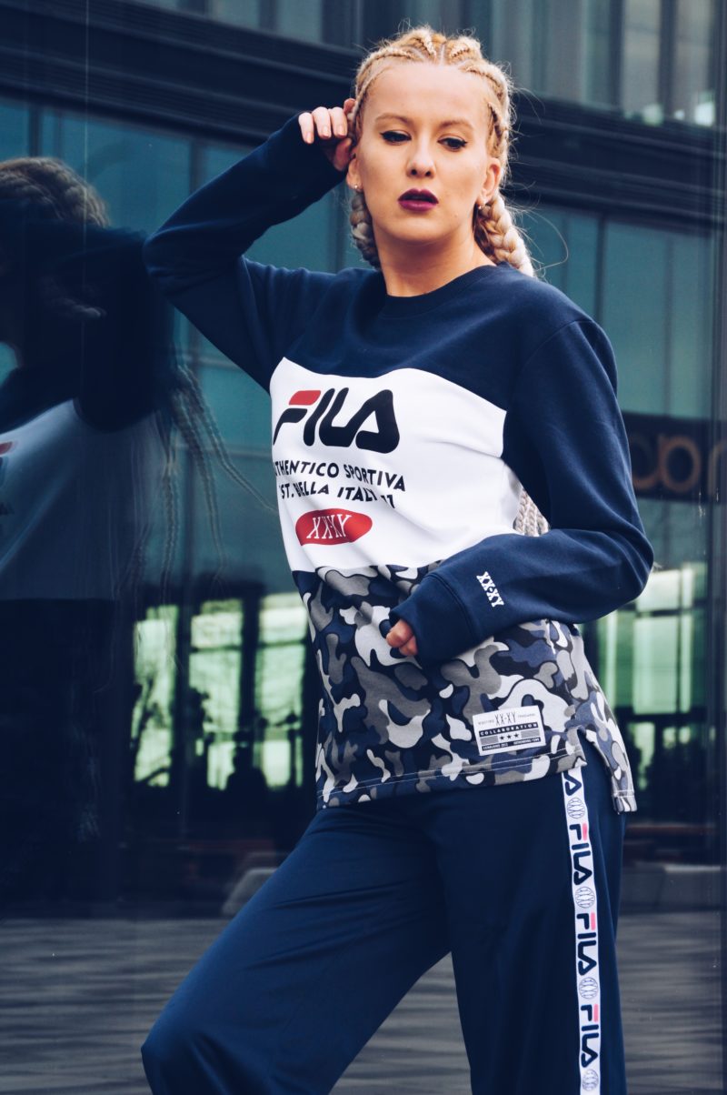 fila sweater, camouflage, blue sweatpants