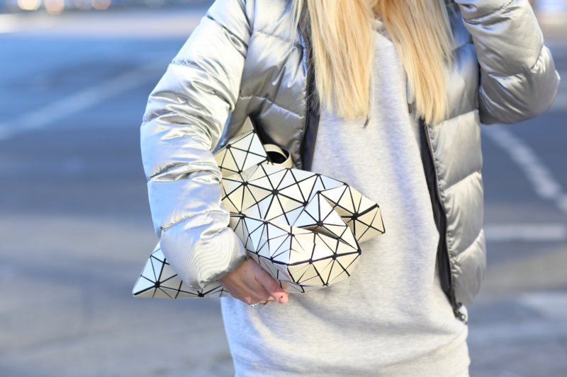 issey miyake bao bao white perlmut bag, silver winter jacket