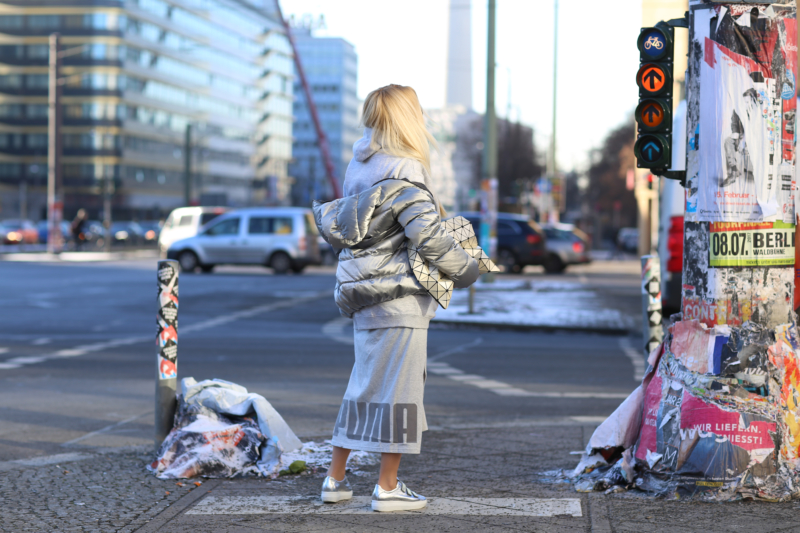 puma long dress, grey look, silver shoes