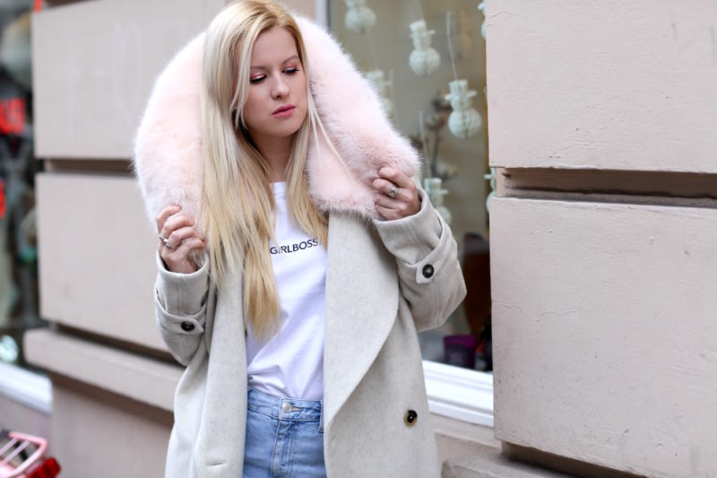 fake fur kunstpelz kragen, mantel, rose, malaikaraiss, weißes shirt