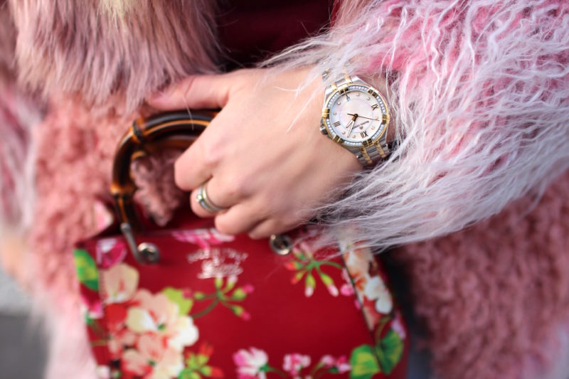 maurice lacroix watch, steel gold with giamonds, pink fake fur