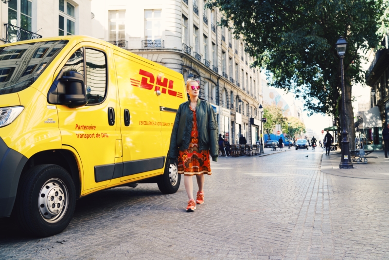 paris fashion week, streetstyle, green jacket, orange dress