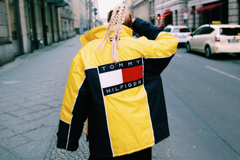 tommy hilfiger, oversized vintage winter jacket, blonde braids