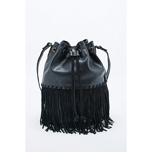 BDG Schwarze Beuteltasche aus Leder mit Fransen