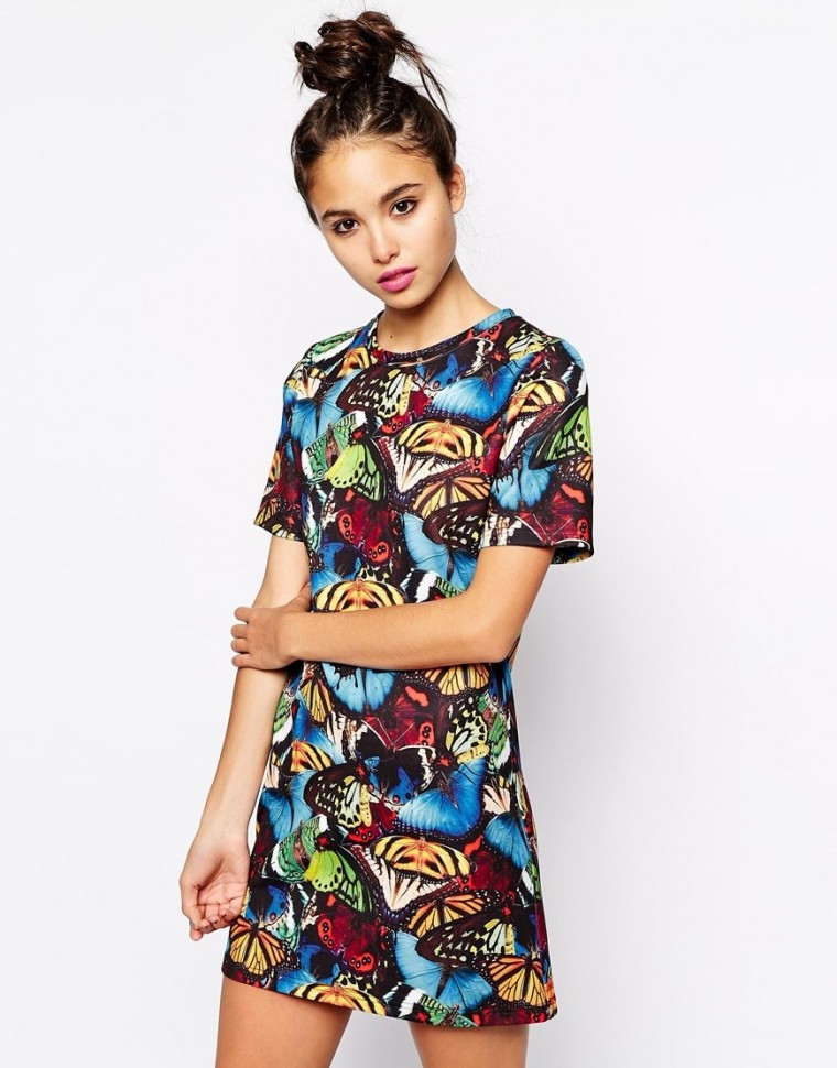 Jaded London Co Ord T-Shirt Kleid mit Schmetterlingsmuster Mehrfarbig