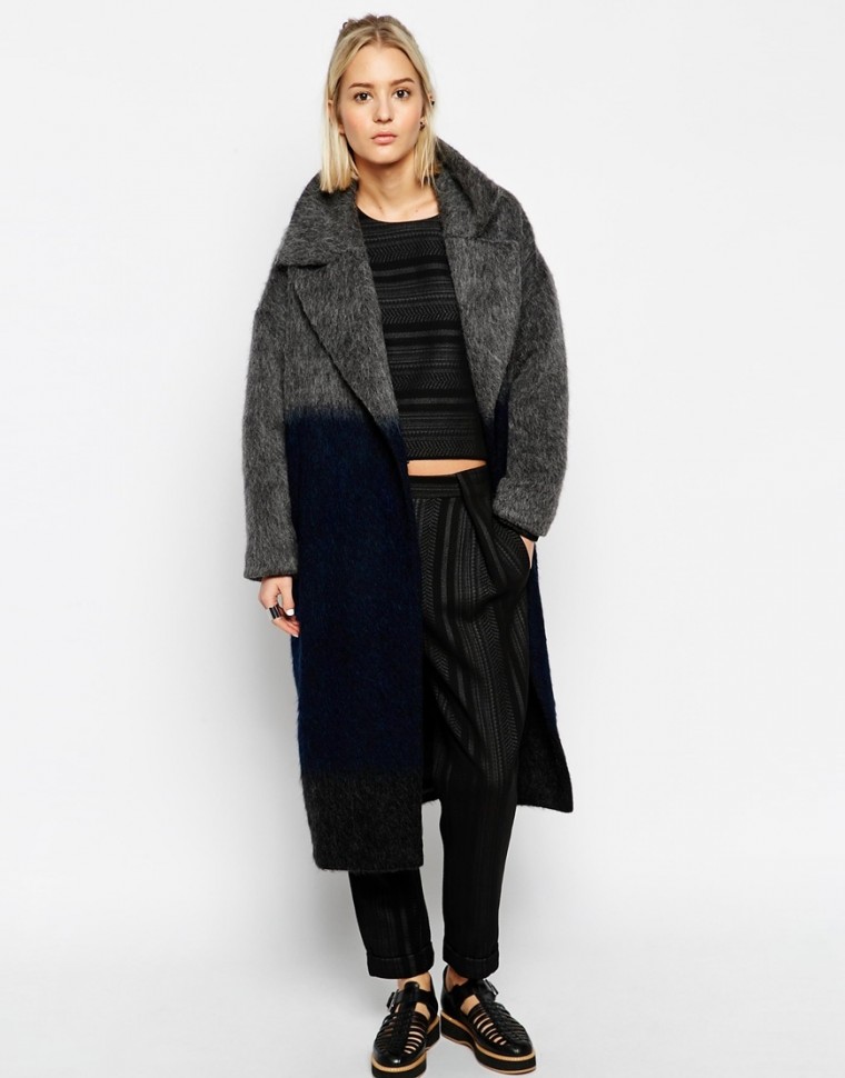 ASOS WHITE - Mantel aus Wollmischung mit Mohairanteil und Schatteneffekten - Grau/Marine