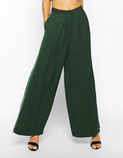 ASOS Premium - Hose mit weitem Bein aus Satin-Krepp und kontrastierenden Seitenbahnen - Flaschengrün