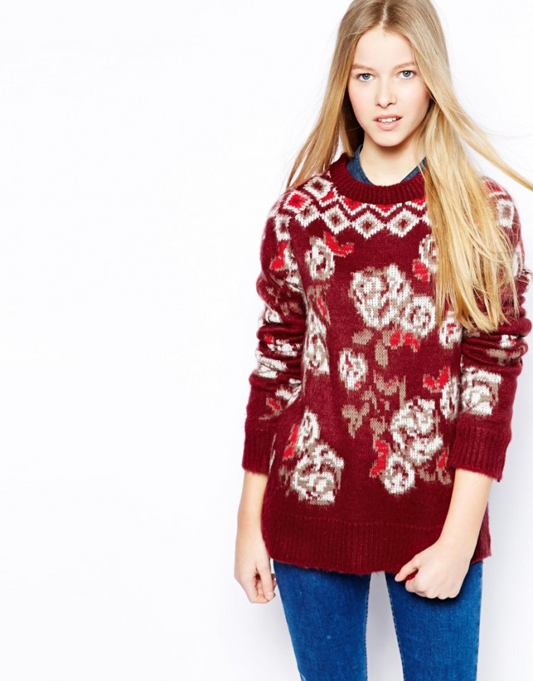 Bellfield - Pullover mit Rosen-Jacquardmuster - Rot