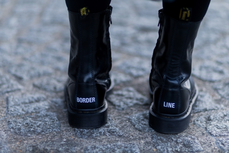 PARIS, FRANCE - JANUARY 24: Vetements boots Border Line outside Vetements on January 24, 2017 in Paris, Canada. (Photo by Christian Vierig/Getty Images) *** Local Caption ***