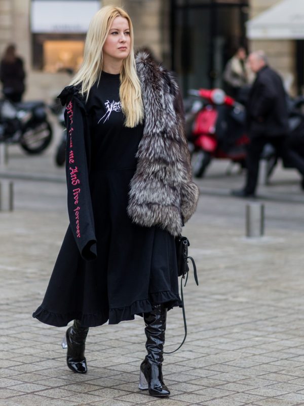 PARIS, FRANCE - JANUARY 24: Palina Pralina wearing fur coat, Vetements dress, Asos shoes, 3.1. Phillip Lim bag outside Alexis Mabille on January 24, 2017 in Paris, Canada. (Photo by Christian Vierig/Getty Images) *** Local Caption *** Palina Pralina
